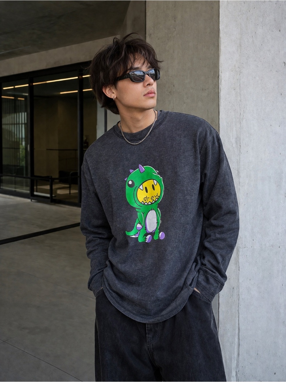 Drew House Dino Graphic Long Sleeve Tee Grey Streetwear Top Sz L